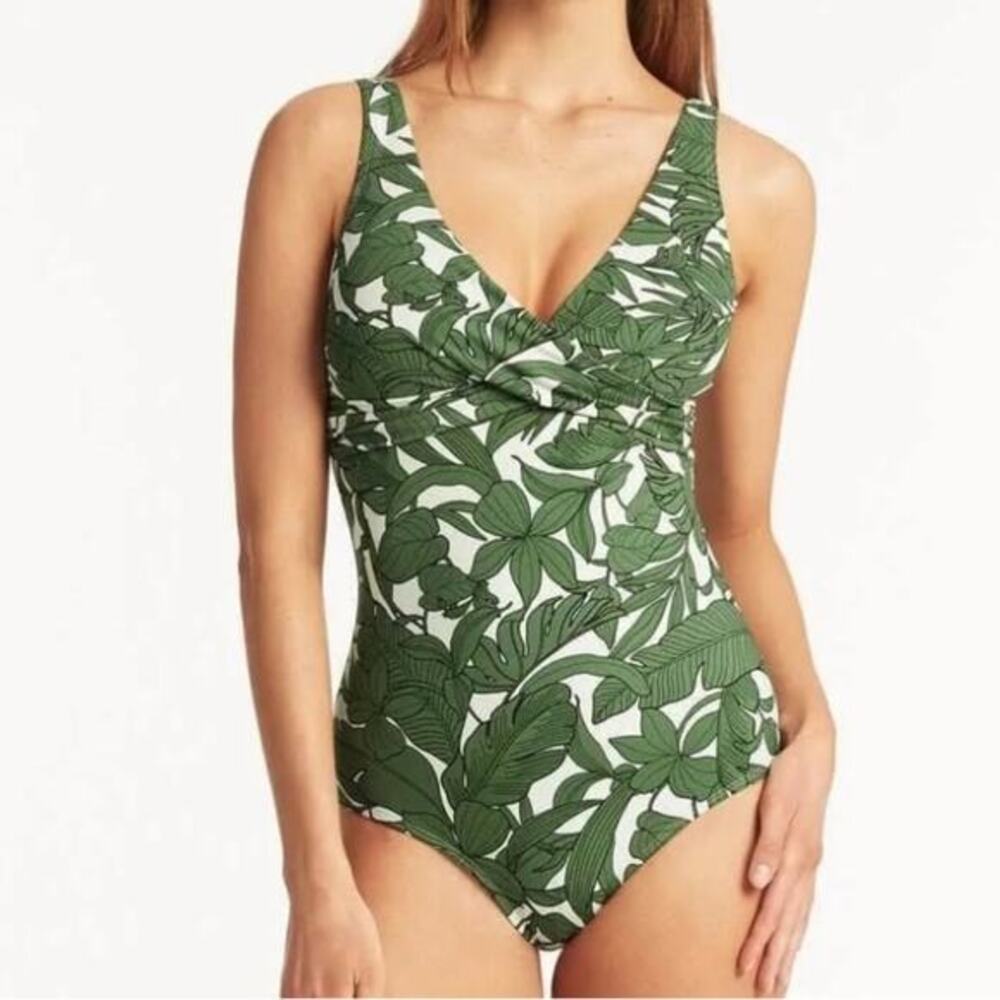 SEA LEVEL NWT $175 Retreat Cross Front Olive tropical print swimsuit 6 S M